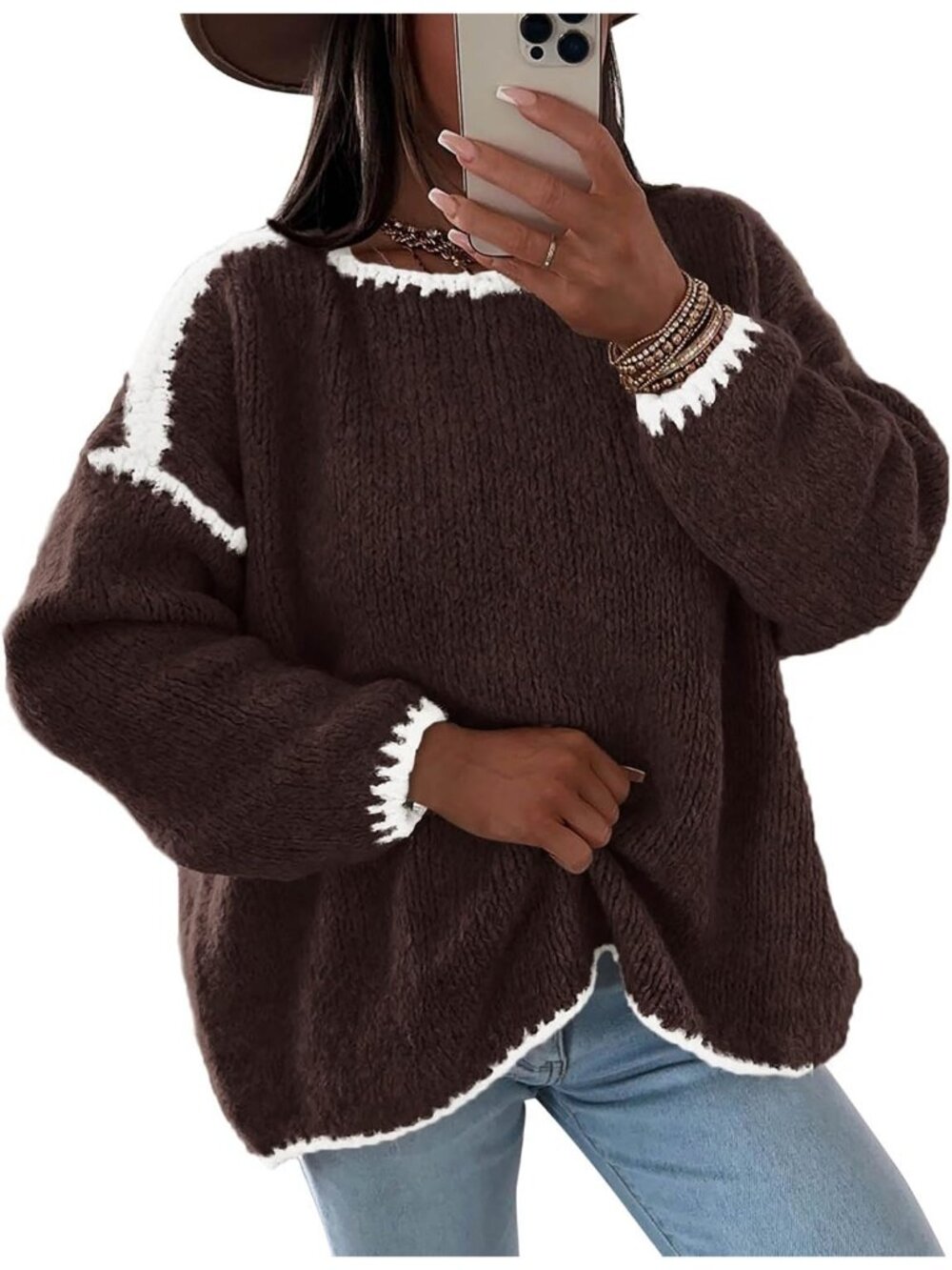 Women's Brown Long Sleeve Crew Neck Casual Loose Cute Cozy Chunky Knit Sweaters